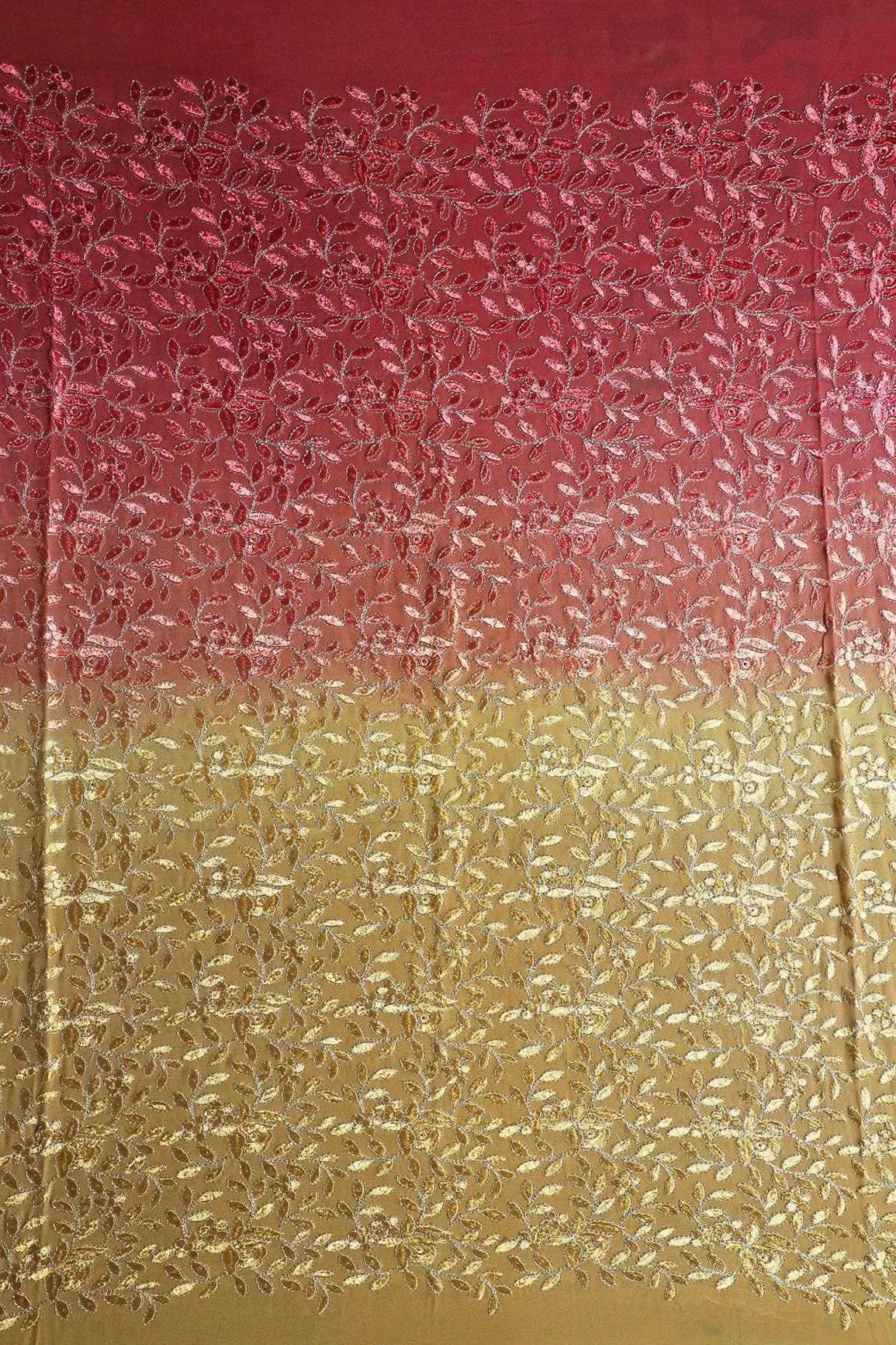 1 Meter Cut Piece Of Multi Thread With Zari Leafy Embroidery On Multi Color Viscose Georgette Fabric