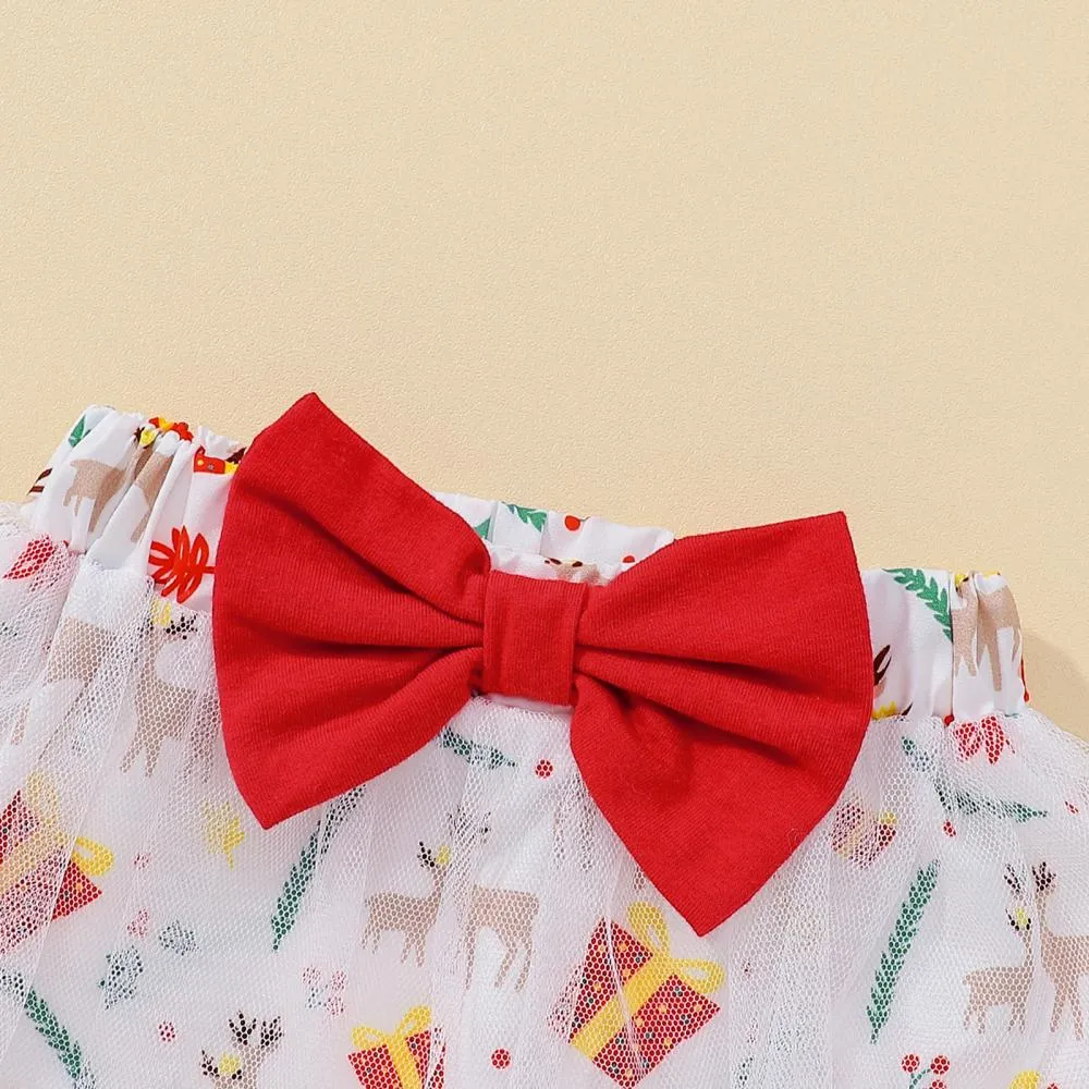 Baby Girls Autumn and Winter Christmas Elk Print Gauze Skirt Three-piece Suit Wholesale Girls Clothes