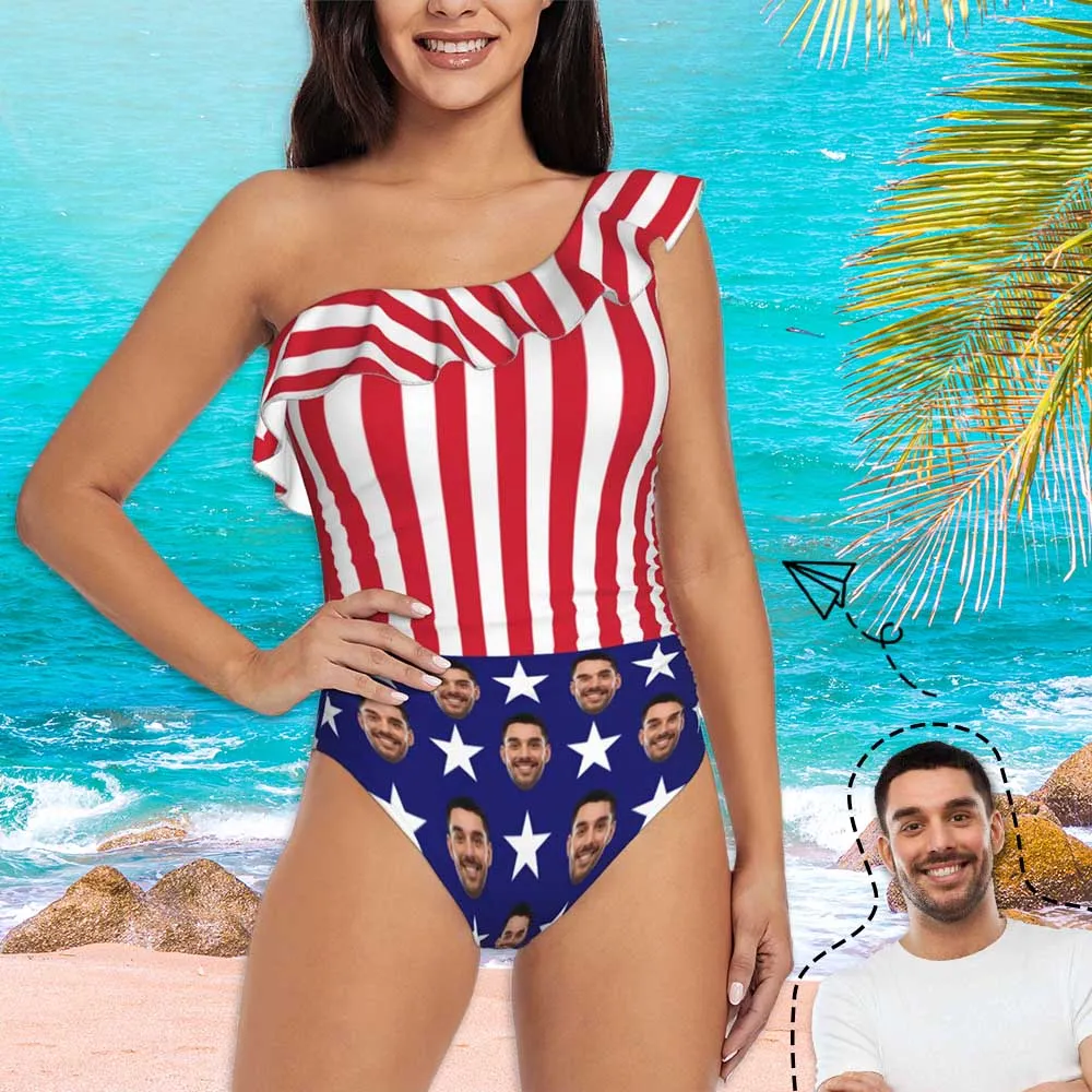#July 4-4th of July Custom Face USA Flag Swimwear Personalized Women's One Shoulder Ruffle One Piece Swimsuit